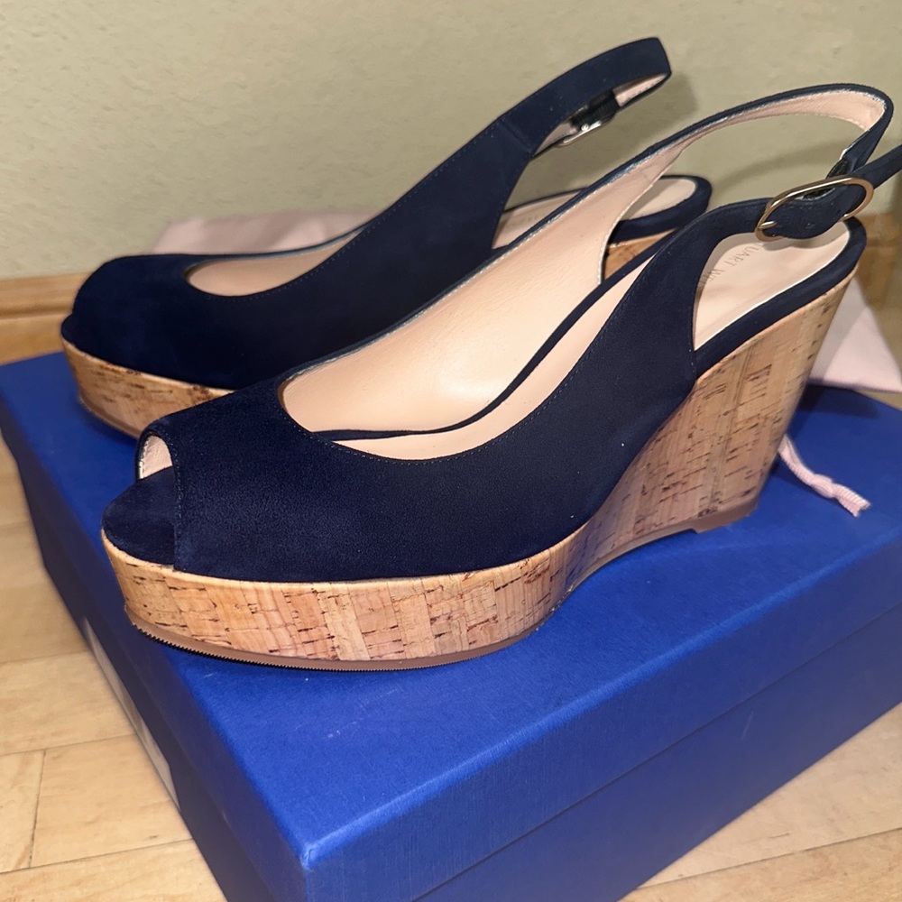 New Stuart Weitzman Navy Blue suede Rinna slingback cork wedge sandals shoes 7.5